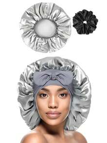 2件套缎面睡帽，女士多层发帽，配1个发圈和弹性绑带睡帽 - 彩色 - 查看 14