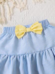 Set 2 buc. pentru bebeluși, fete, cămașă cu dungi, mânecă scurtă, casual, costum de fustă cu fundă și bentiță
