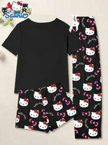 Sanrio Sanrio 3pcs Cartoon Sleepwear Sets, Hello Kitty - Young Casual - Women Casual Bow Pajamas, Top, Long Pants, Short Pants