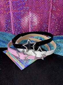 Y2K 星形扣腰带，粉色弹性腰带，镶嵌闪亮水钻，复古装饰配件，适合休闲周末穿着，学院风，镂空设计