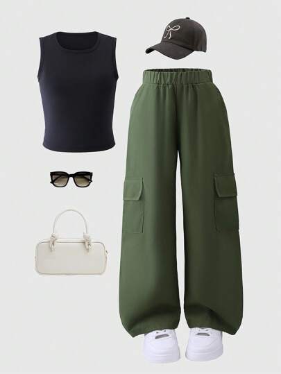 Mädchen Outfit mit einfarbigem Top und Cargohose 2-teilig, Sommer