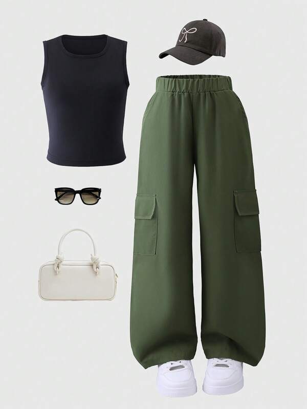 Girls Solid Color Camisole And Cargo Pants 2Pcs Casual Outfit, Summer