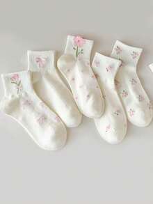 5 Pairs Women's Flower & Bow Decor Mid-Calf Socks, Sweet Campus Style Streetwear, Comfortable & Soft For Daily Wear - Multicolor - View 3