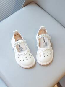 New Girls Leather Shoes, Shoes With Hollow Floral Lace & Pearl Design, Princess Flats, Comfortable, Lightweight, Casual & Versatile - Beige - View 6