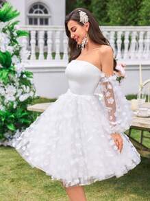 UNITHORSE Strapless, Drop Shoulder,Waist Cinched, Short Wedding Dress With 3D Floral Decor, Flattering And Elegant,Bride
