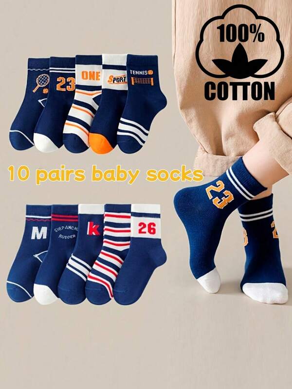 10 pares de calcetines deportivos de algodón a rayas para niños, calcetines a rayas casuales para estudiantes para fútbol y baloncesto