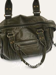 STEPHIECATHY 复古休闲酷街头男女通用风格柔软刷洗 PU 素食皮革拉链开合拉链口袋编织装饰大容量适合 13 英寸笔记本电脑手提包可调节长肩带斜挎包女士日常大学通勤旅行多功能 - 橄欖綠 - 查看 7