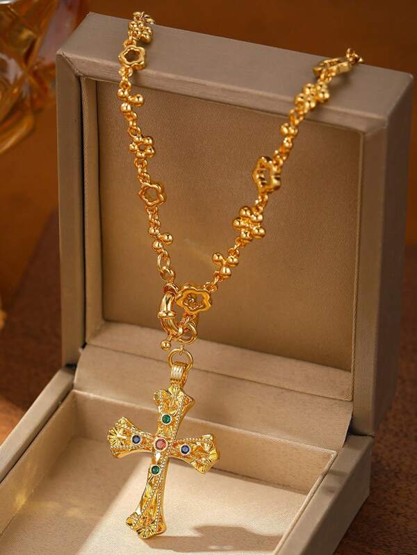 1 pezzo Collana a croce cava placcata in oro 18K con pietre preziose multicolori - Design con catena regolabile - Regalo elegante per occasioni religiose