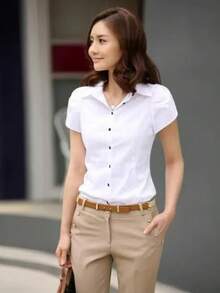 女士专业修身短袖通勤衬衫 - 白色 - 查看 2