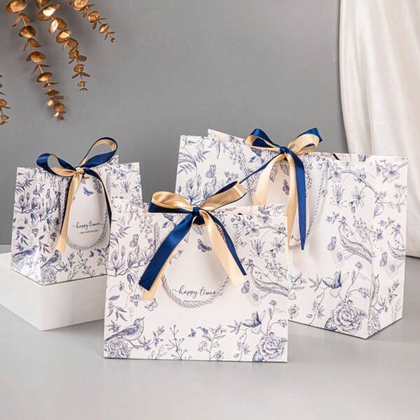 1/5pcs Retro Floral Bicolor Bow Paper Gift Bags, Party Favor Packaging Bags, Holiday & Souvenir Bags