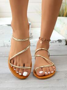 Sandalias romanas planas y simples de verano, estilo de vacaciones casual con tiras tejidas tipo peep toe para mujer, estilo europeo y americano