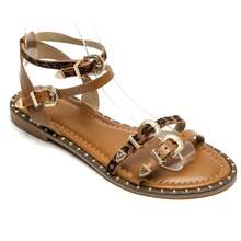 Western Style Flat Sandals With Crescent-Shaped Straps And Decorative Buckles - Camel - View 2