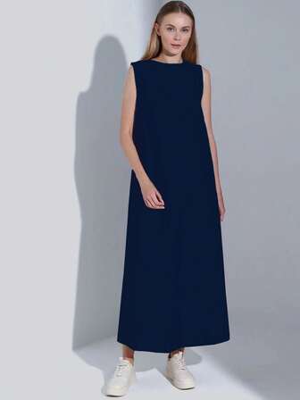 纯色休闲简约无袖圆领长连衣裙