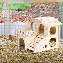 1 pieza Casa de madera para hámsteres, laberinto refugio para hámster, casa con tobogán divertido para hámster con ventana, choza desmontable de dos pisos para hámster, ratón enano, ratón, animales pequeños