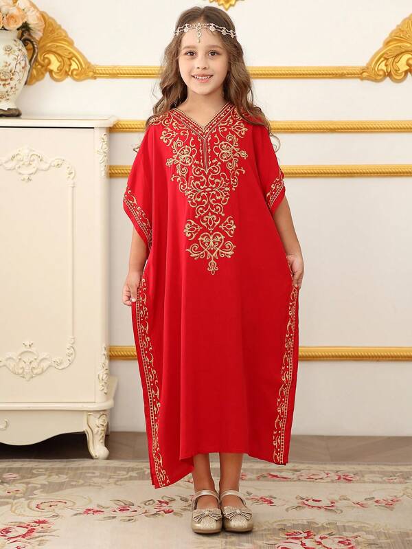 Robe de princesse pour jeune fille, robe longue rouge brodée, design col en V