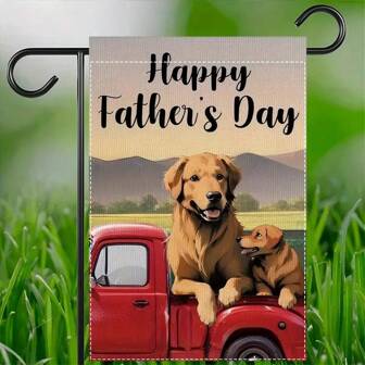 1pc Happy Father'S Day Garden Flag Golden Retrievever Dog Garden Banner, Double Vertical Linen Farmhouse Yard Banner Seasonal Outdoor Decoration, No Flagpole Double Sided Waterproof Burlap Flag 12x18inch