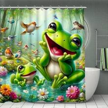 1pc/4pcs Cute Frog & Bird Fabric Bathroom Shower Curtain Set With 12 Hooks, Bath Mat, Toilet Lid Cover & U-Shaped Mat, Bathroom Accessories Shower Curtain 4-Piece Set, All-Purpose For Daily Use, Household Essential Home Bathroom Decor Fall Decor Back To School