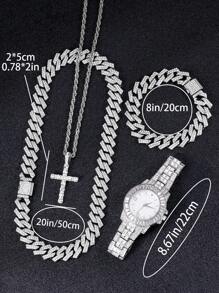 Set de joyería de 5 piezas que incluye reloj de estilo hip hop, collar con colgante de cruz, pulsera - Cadena cubana de Miami con efecto de cristales para hombres y mujeres