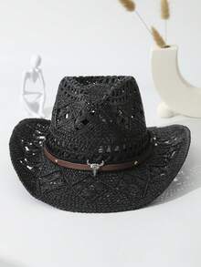 1pc Unisex Cattle Head Decor Cowboy Hat Hollow Out Printed Cowgirl Hat Wide Brim Handmade Casual Sun Hat Spring Summer Travel Shade Beach Hat Straw Hat - 黑色 - 查看 1