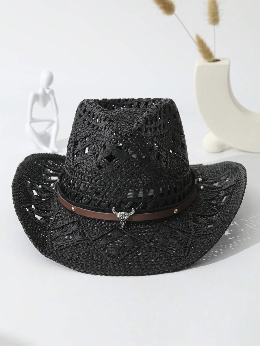 1pc Unisex Cattle Head Decor Cowboy Hat Hollow Out Printed Cowgirl Hat Wide Brim Handmade Casual Sun Hat Spring Summer Travel Shade Beach Hat Straw Hat - 黑色 - 查看 1