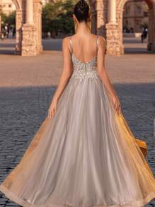 Contrast Lace Mesh Cami Prom & Evening Dresses Sparkly Lace Prom Dresses With Embroidered Spaghetti Strap Homecoming Dresses For Teens Rhinestone Lace Applique A Line Formal Evening Dresses Floor Length Mesh Ball Gown For Party Zipper Back, For Wedding Guest