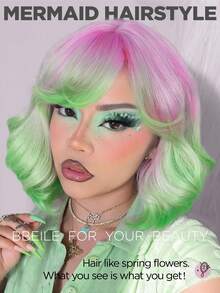 14 Zoll kurze Farbverlauf Bob Perücken mit Pony, lockige Perücken für Frauen mit kurzen rosa bis grünen Haaren, lose wellige Perücke Farbverlauf rosa Perücke, synthetisches Haar, Lavendel Perücke für Cosplay, tägliche Partys, Selfie-Verwendung