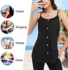 Summer Tank Tops Women Cami With Built In Bra Cup Casual Flowy Swing Pleated Plus Size Camisoles Vest Vacation Outfits  Fashion Clothes - 黑色&紐扣 - 查看 5