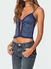 Women Tie Front Split Cami Tank Top Y2K Dots Print Lace Trim Spaghetti Strap V Neck Slim Fit Camisole Crop Tops Sexy Backless Sleeveless Low Cut Vests Shirts Summer Going Out Tops Streetwear - 藍色 - 查看 4