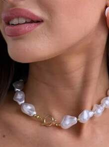 1pc Vintage Classic Asymmetrical Baroque Pearl OT Clasp Necklace