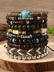 10pcs/Set Bohemian Style Wooden Bead, Sea Turtle, Coconut, Turquoise Bracelet Set, Suitable For Men's Daily Wear