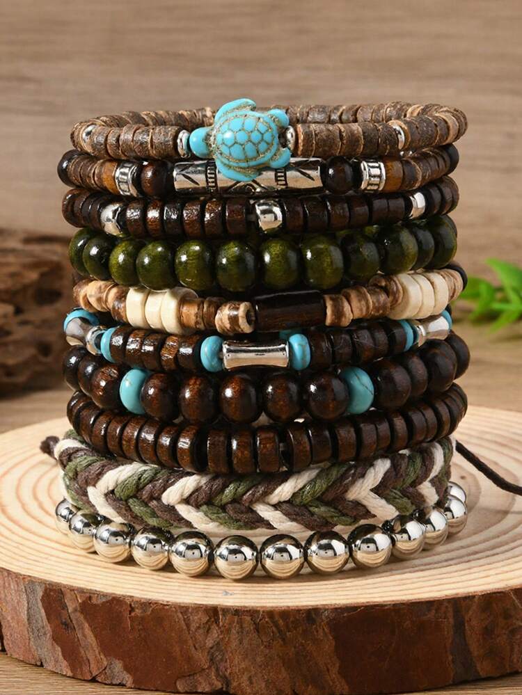 10pcs/Set Bohemian Style Wooden Bead, Sea Turtle, Coconut, Turquoise Bracelet Set, Suitable For Men's Daily Wear - Multicolor - View 14