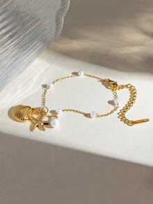 1入組INS風不銹鋼珍珠連鎖海貝海星吊墜手鍊，適用於夏季沙灘 - 金黃色 - 查看 2