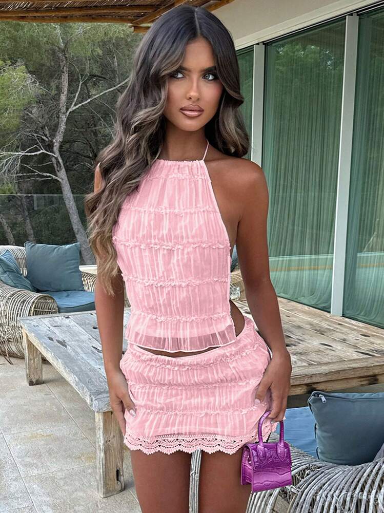 Women's 2 Piece Outfits Smocked Mini Skirt Set Casual Sleeveless Backless Smocked Halter Neck Tie Up Crop Top + Bodycon Short Mini Skirt Set Cocktail Party Beach Dress - 粉色 - 查看 1