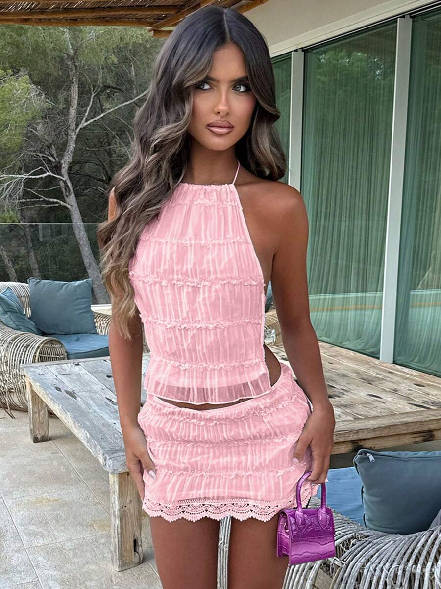 Women's 2 Piece Outfits Smocked Mini Skirt Set Casual Sleeveless Backless Smocked Halter Neck Tie Up Crop Top + Bodycon Short Mini Skirt Set Cocktail Party Beach Dress - 粉色 - 查看 1