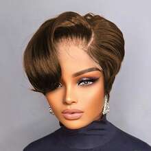 13x4x1 T-Part Lace Front Short Wig, Human Hair Texture, Pixie Cut, Suitable For Daily Wear, Available In Black, Chocolate Brown, 99J Wine Red, Side Bangs Lace Front Short Wig - Multicolor - View 14