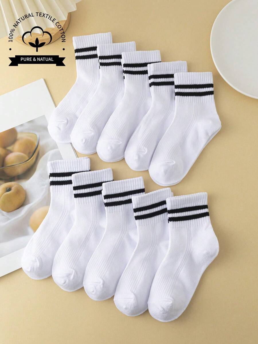 10 Paar Kinder/Jugendliche schwarz-weiß gestreifte Knöchelsocken, unisex Schul-/Sportssocken