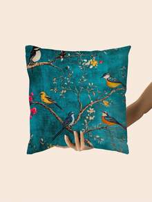 1件中国风绿色小鸟图案 - 17.7*17.7英寸柔软天鹅绒枕套，单面印花，拉链封口 - 非常适合沙发和家居装饰 - 无刺绣（不含枕芯）