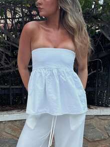 Women Summer Flowy Tube Top Y2k Solid Color Strapless Off The Shoulder Loose Fit Babydoll Bandeau Crop Tops Backless Sleeveless Going Out Tops Vests Shirts Casual Streetwear - 白色 - 查看 9