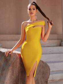 ADYCE One-Shoulder High Slit Open Back Bandage Cocktail Party Dress, Bodycon,Butter Yellow - Yellow - View 7