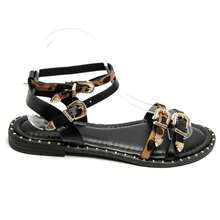 Western Style Flat Sandals With Crescent-Shaped Straps And Decorative Buckles - Black - View 2