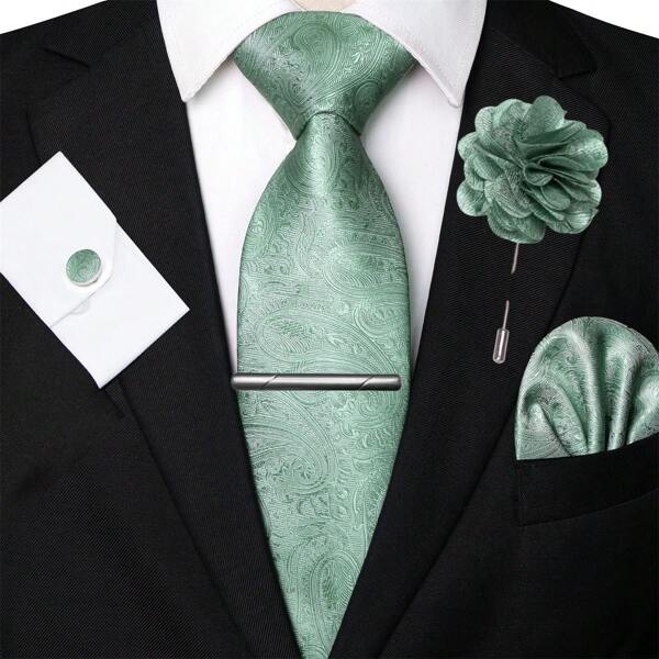 1/2/3/4/5 Piece Men's Paisley Printed Tie Set, Silk Satin Tie, Tie Clip, Pocket Square, Cufflinks And Boutonniere, Suitable As Gifts For Father's Day, Anniversary, Birthday, Classic Paisley Pattern Perfectly Matches Suit And Tuxedo, Ideal For Business, Ball, Wedding, Banquet, Ceremony, Formal Meeting, Casual Party, Important Occasions