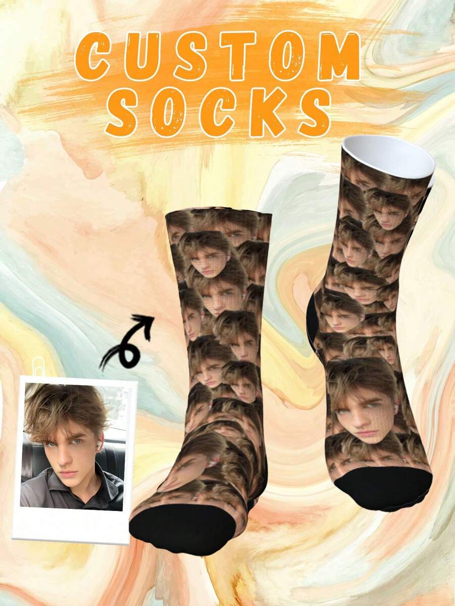 1 Pair Of Custom Couple Socks, Full Of Head Like Custom Socks, Custom Socks, Men's Socks, Personalized Novelty Socks, With Their Own Handsome And Beautiful Photos, Hunky Men Great Gifts - Black - View 1
