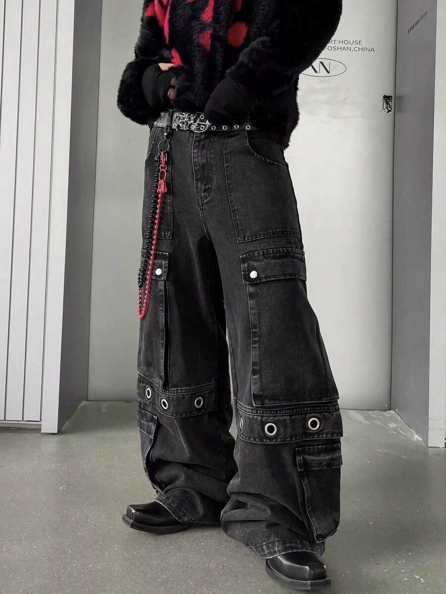 1件男士工装牛仔裤，美式复古高街水洗设计，多口袋，宽松阔腿长裤（产品不含腰带和配饰） - 黑色 - 查看 1