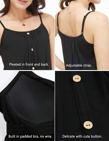 Summer Tank Tops Women Cami With Built In Bra Cup Casual Flowy Swing Pleated Plus Size Camisoles Vest Vacation Outfits  Fashion Clothes - 黑色&紐扣 - 查看 3