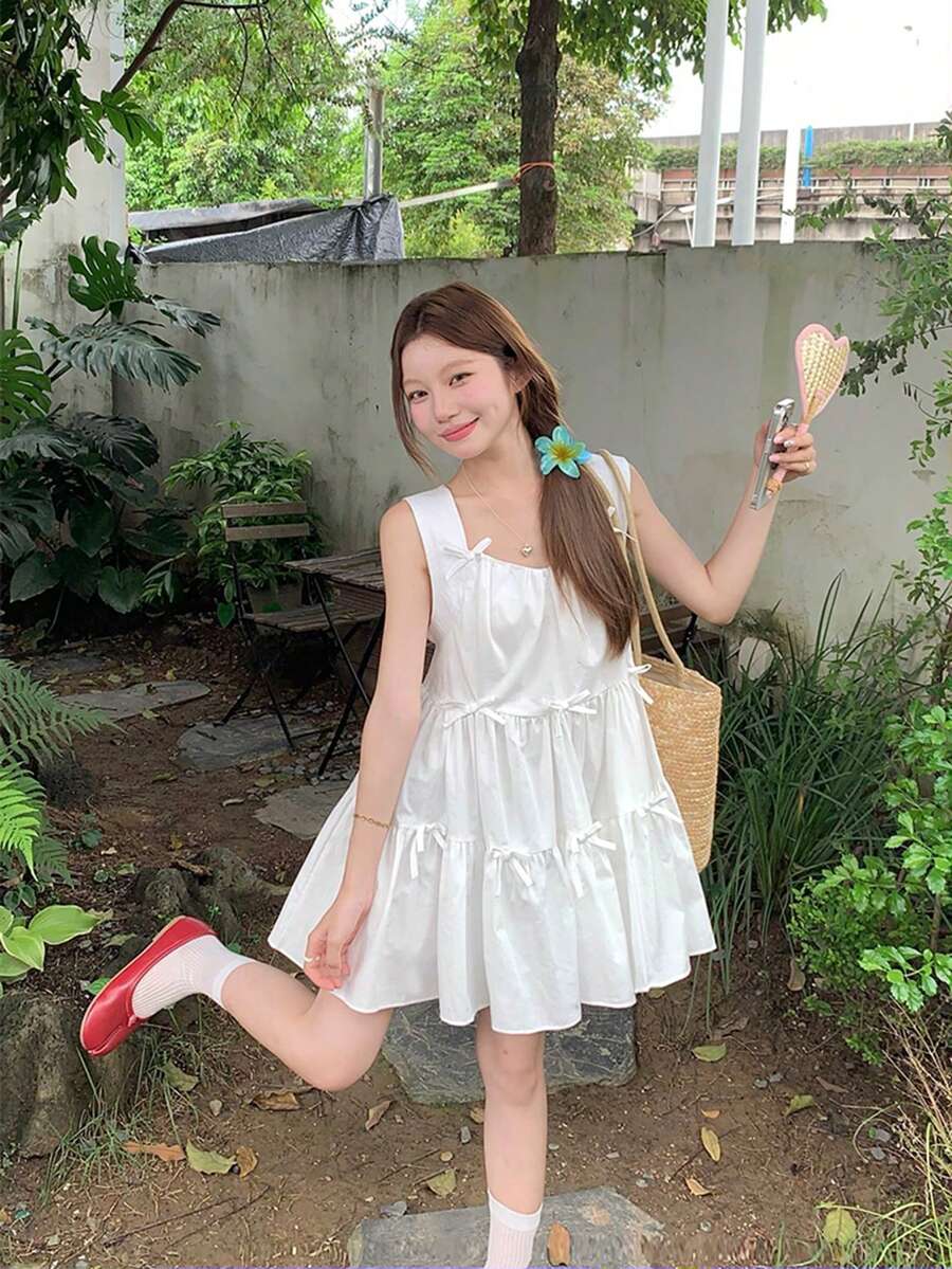 甜美仙女风简约3D蝴蝶结装饰连衣裙，夏季 - 白色 - 查看 1