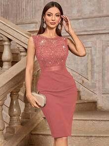 MIUSOL Classic Sequin Floral Lace Round Neck Sleeveless Cocktail Party Bodycon Dress, Elegant Women Dress - Dusty Pink - View 3