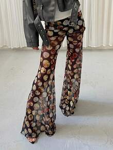 Women Summer Sheer Mesh Flared Belted Long Pants Beach Pant - 黑色 - 查看 1