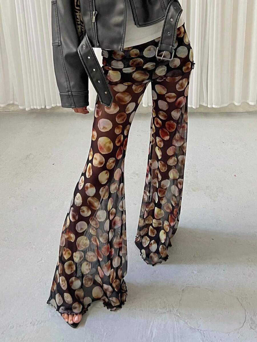 Women Summer Sheer Mesh Flared Belted Long Pants Beach Pant - 黑色 - 查看 1