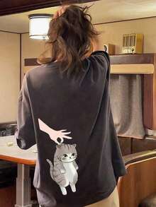 女士休闲圆领宽松可爱猫咪印花短袖T恤，春夏 - 深灰色 - 查看 4