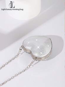 Sparkling Vintage Crystal Studded Mini Heart Shaped Makeup Bag, Elegant Lady Clutch Purse, Shoulder Bag, Coin Purse, Chain Bag, Handbag, Suitable For Outfit Matching, Wedding, Party, Prom, Birthday Gift, Holiday - Silver - View 5